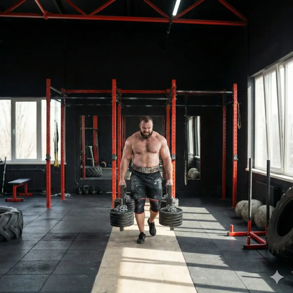 Atleta de strongman a praticar exercícios de forma segura e eficaz.