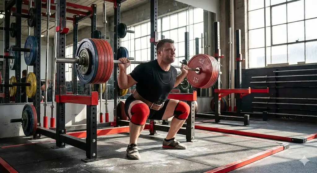 Imagem de um atleta a fazer um agachamento de forma eficaz e segura.