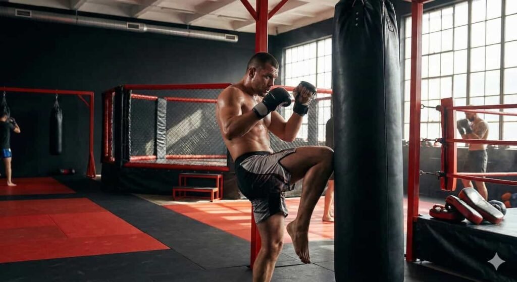 Atleta a praticar artes marciais de forma segura e eficaz.